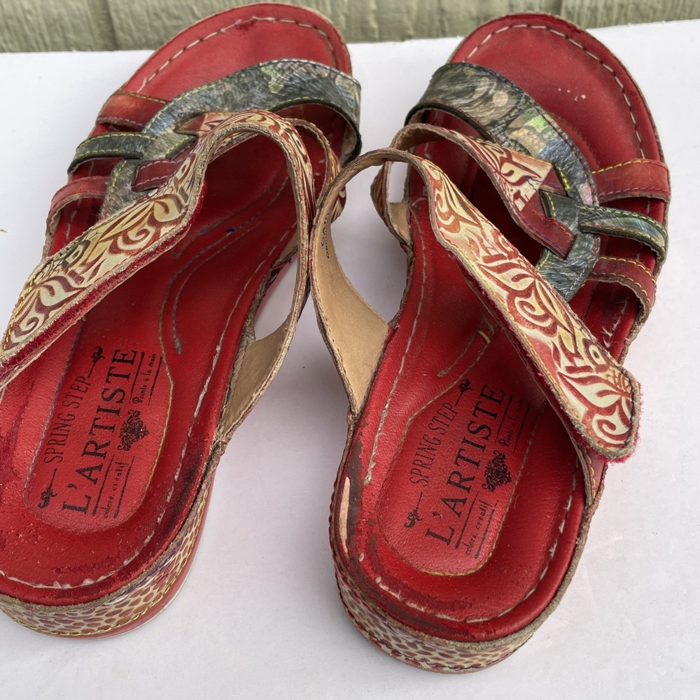 L'Artiste Sandals Womens US Size 7.5-8 /38 Red Caiman Artsy Bohemian Wedge Slide - Picture 11 of 16